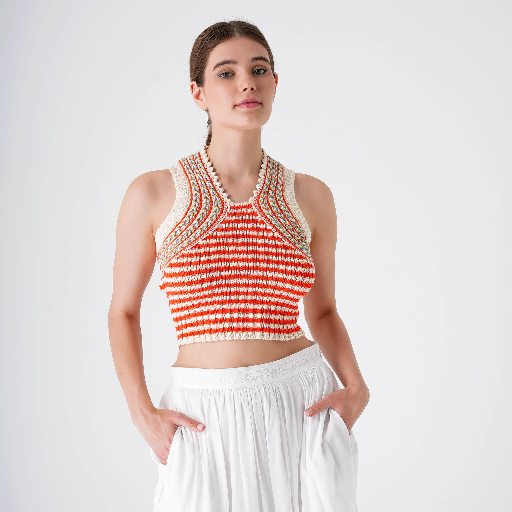 Etro - White&Coral Striped Knitted Zigzag Sleeveless Sweater